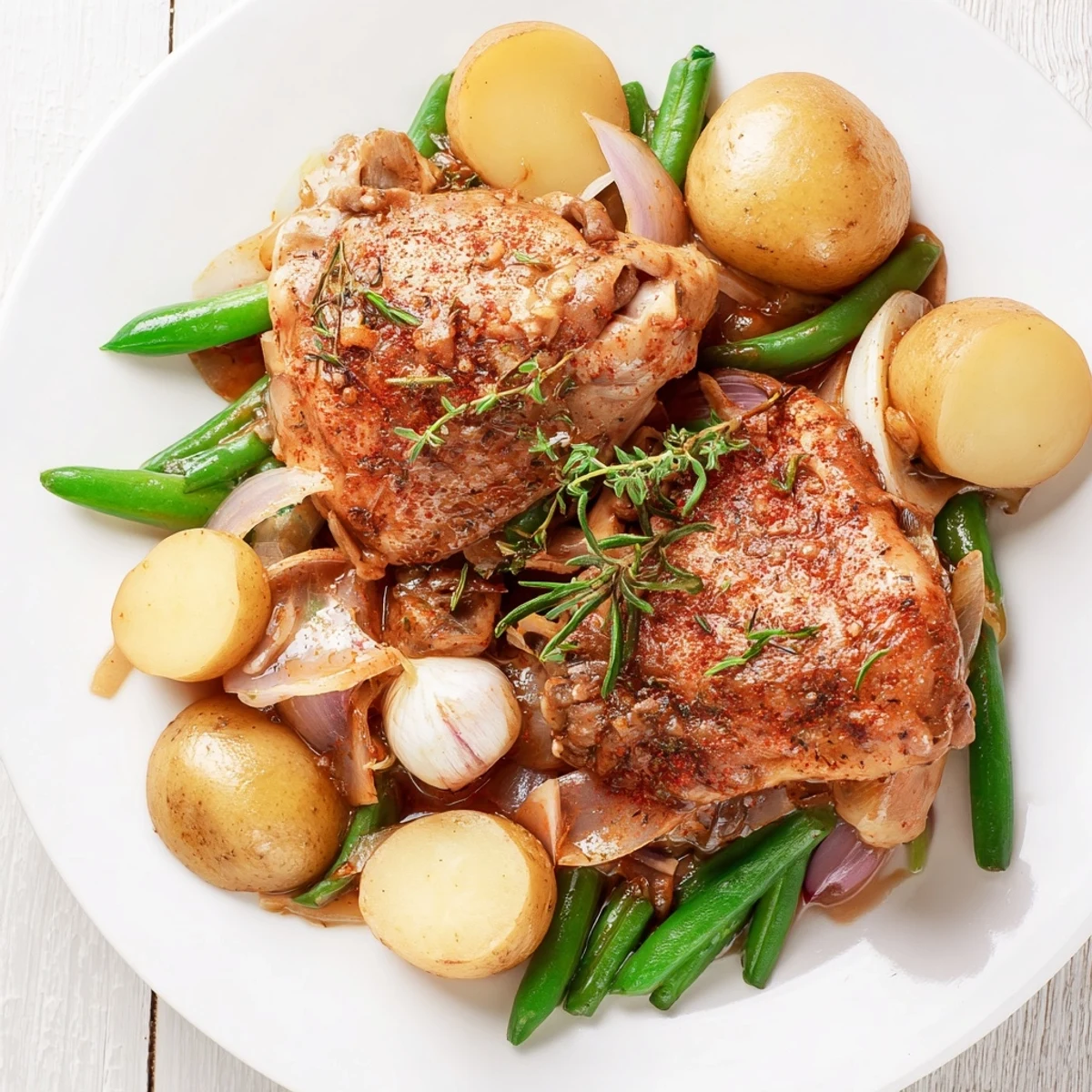 Savory slow cooker chicken and potatoes dish with fresh green beans and aromatic herbs in a rich broth