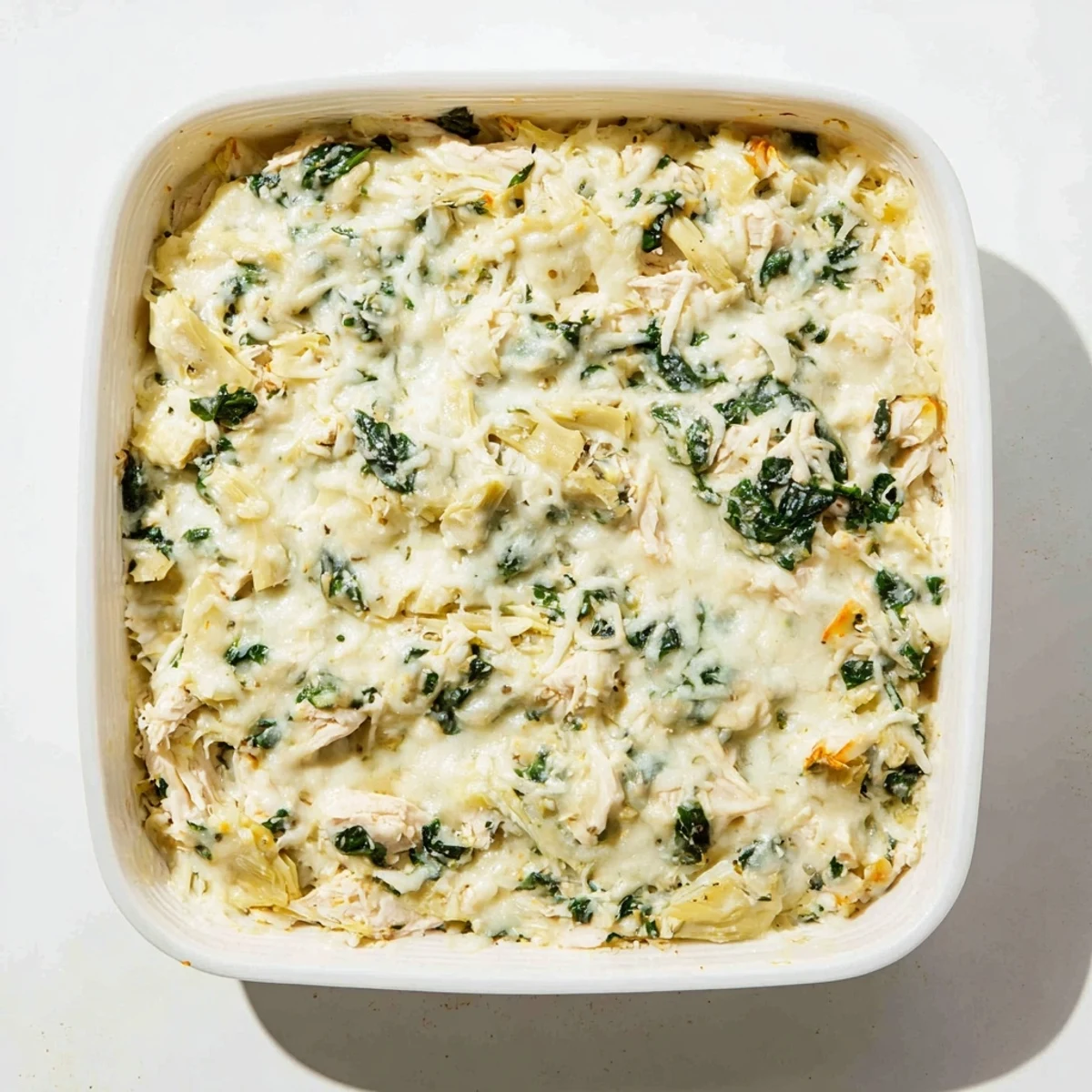Golden baked spinach artichoke chicken casserole with melted mozzarella topping a creamy cheese sauce