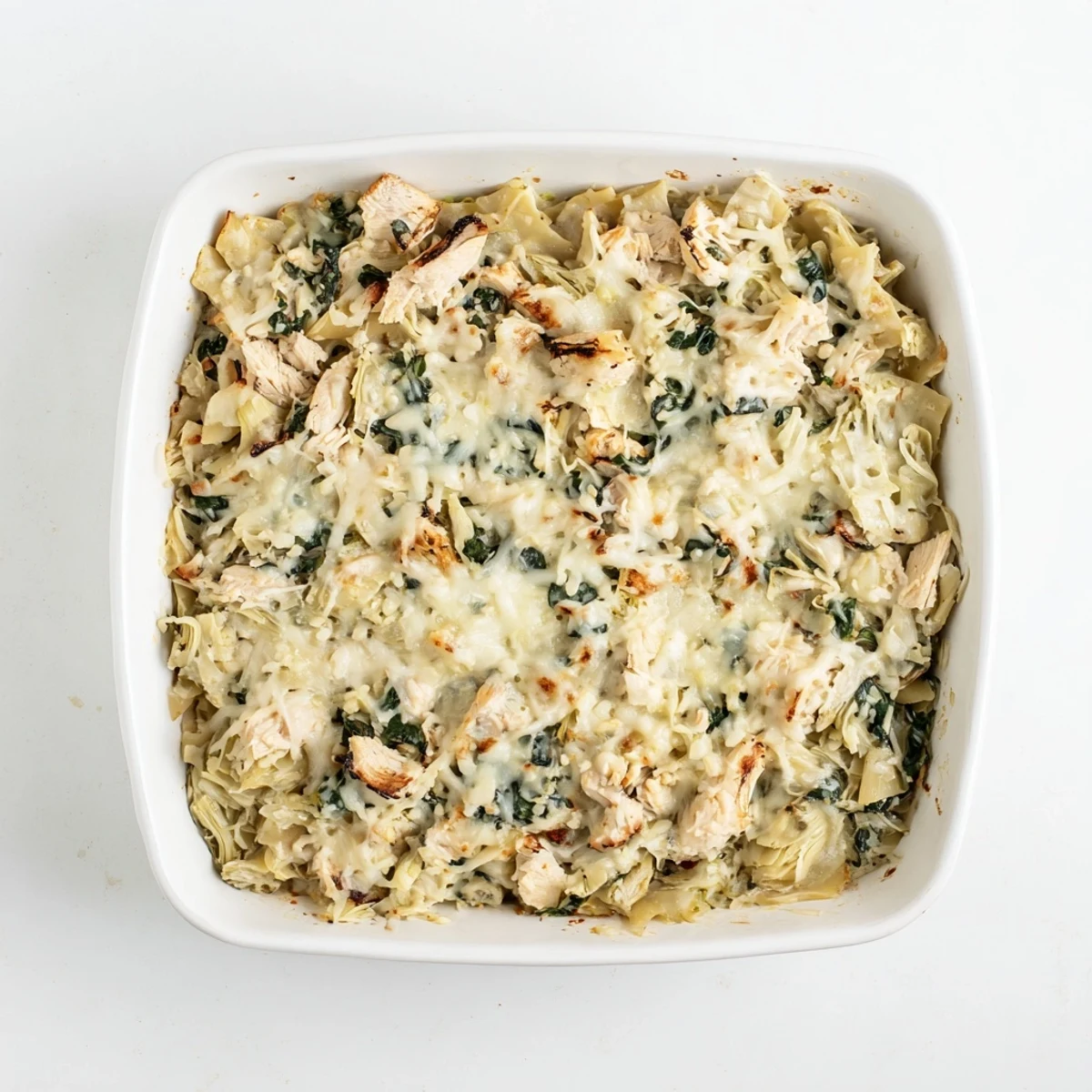 Creamy spinach artichoke chicken casserole fresh from the oven bubbling with golden cheese