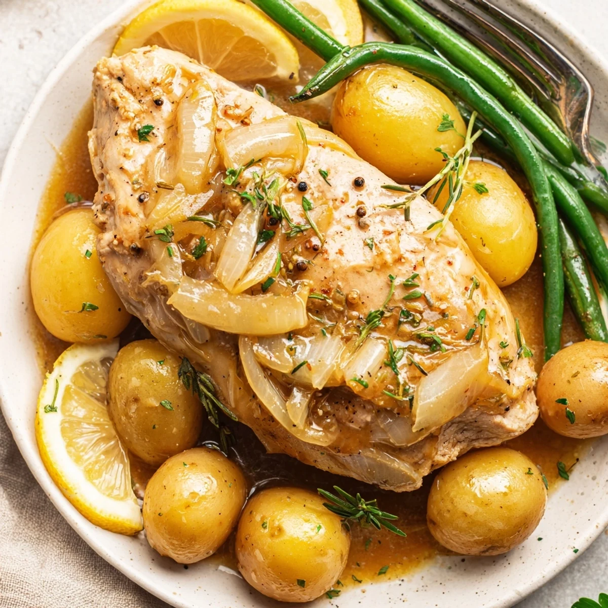 Slow Cooker Chicken And Potatoes With Green Beans simmering in aromatic broth, parsley garnish.