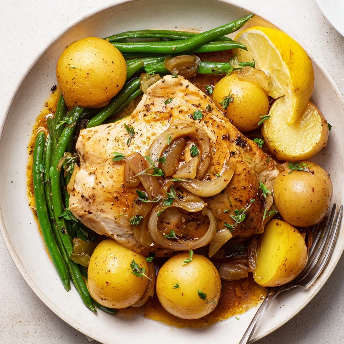 Slow Cooker Chicken And Potatoes With Green Beans served hot, lemon wedges optional.