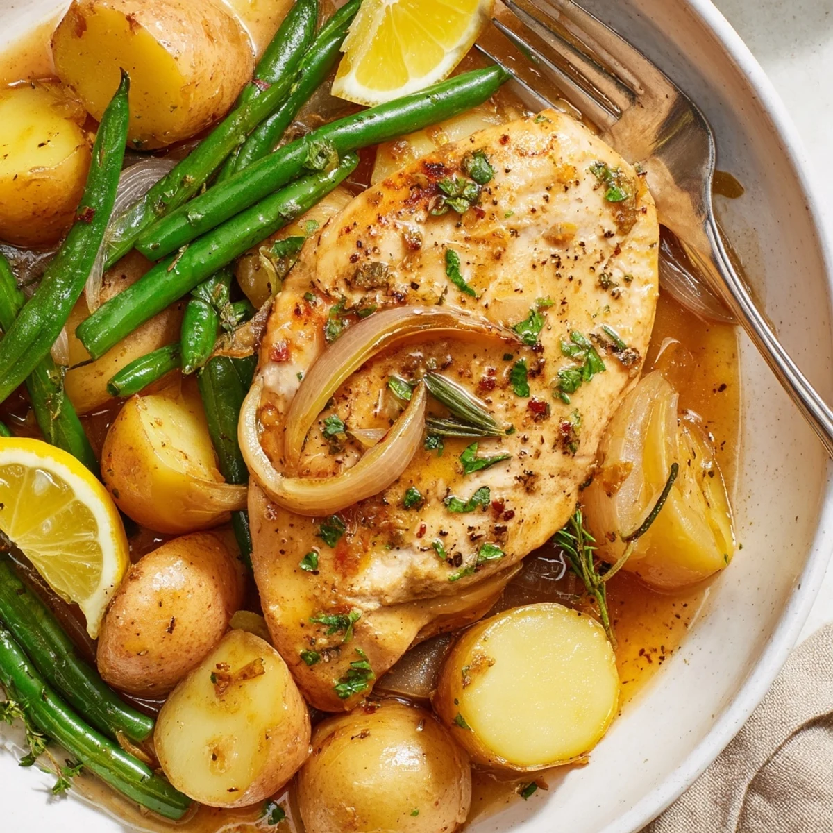 Slow Cooker Chicken And Potatoes With Green Beans, herb-infused broth and roasted aroma.