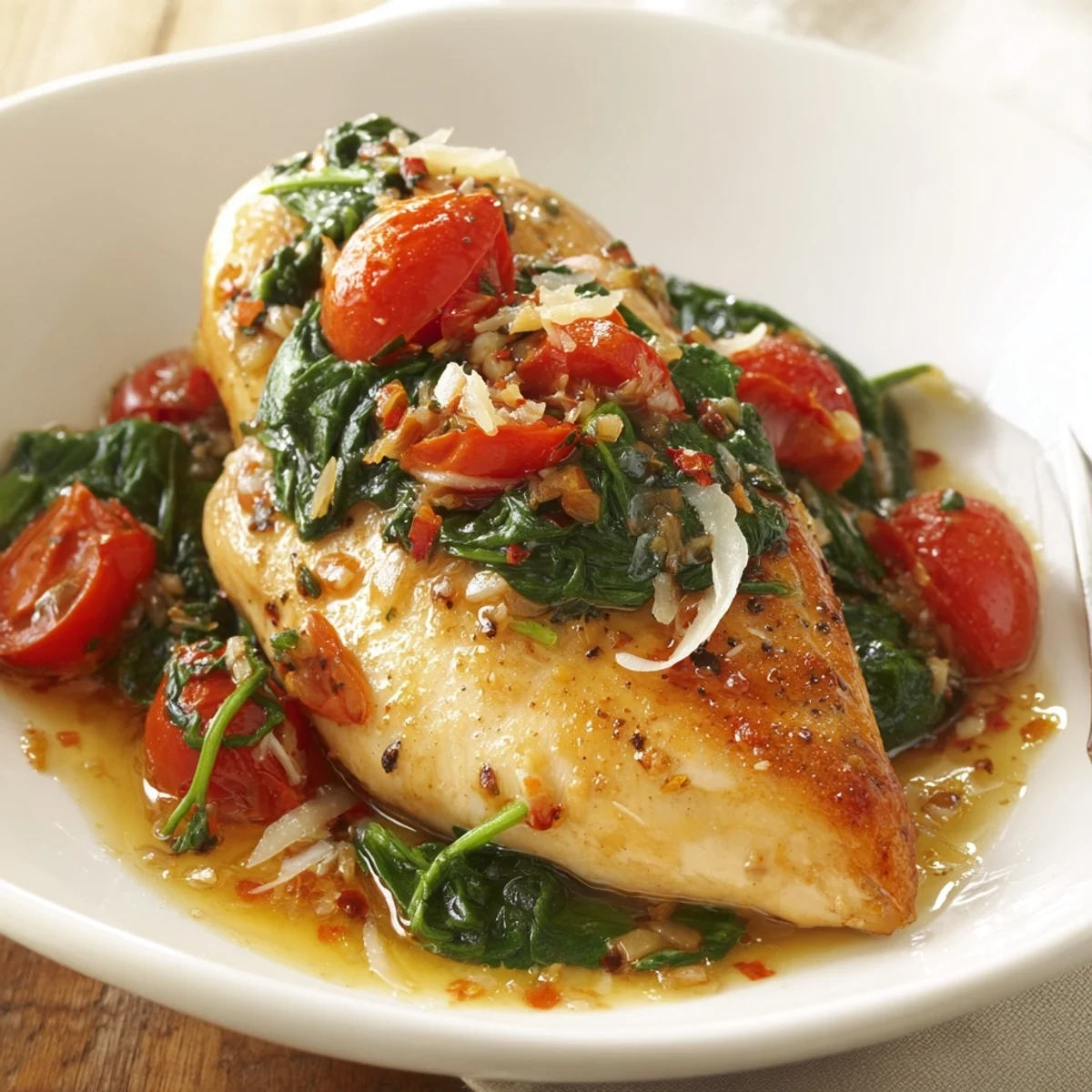 Tomato Spinach White Wine Chicken sizzling in skillet with fragrant garlic  