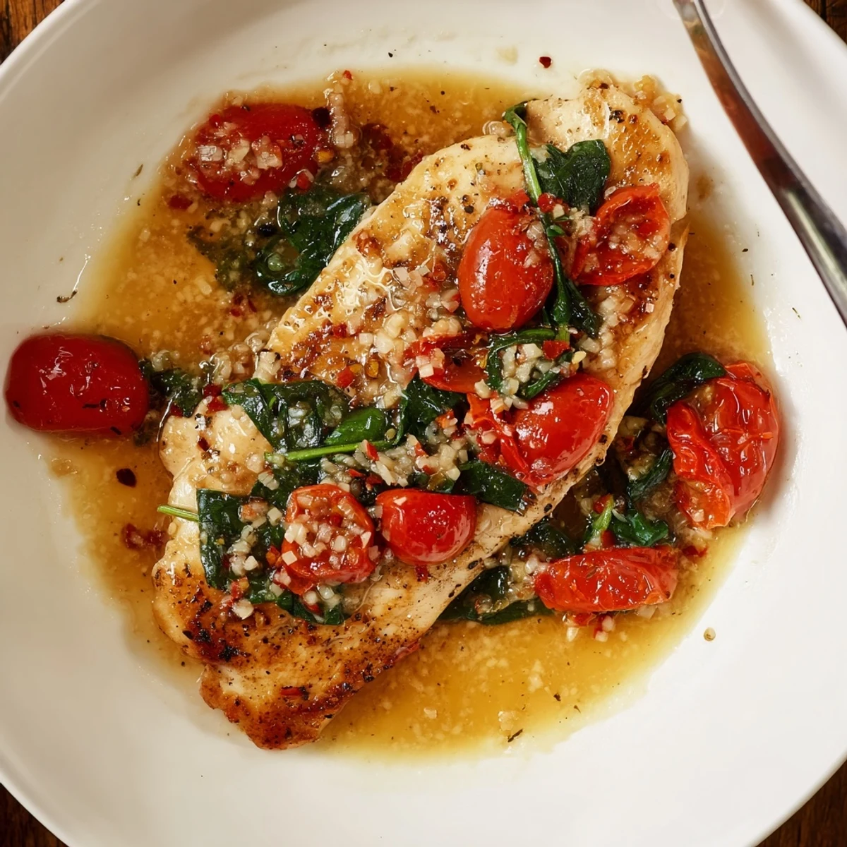 Roasted cherry tomatoes and wilted greens atop Tomato Spinach White Wine Chicken  