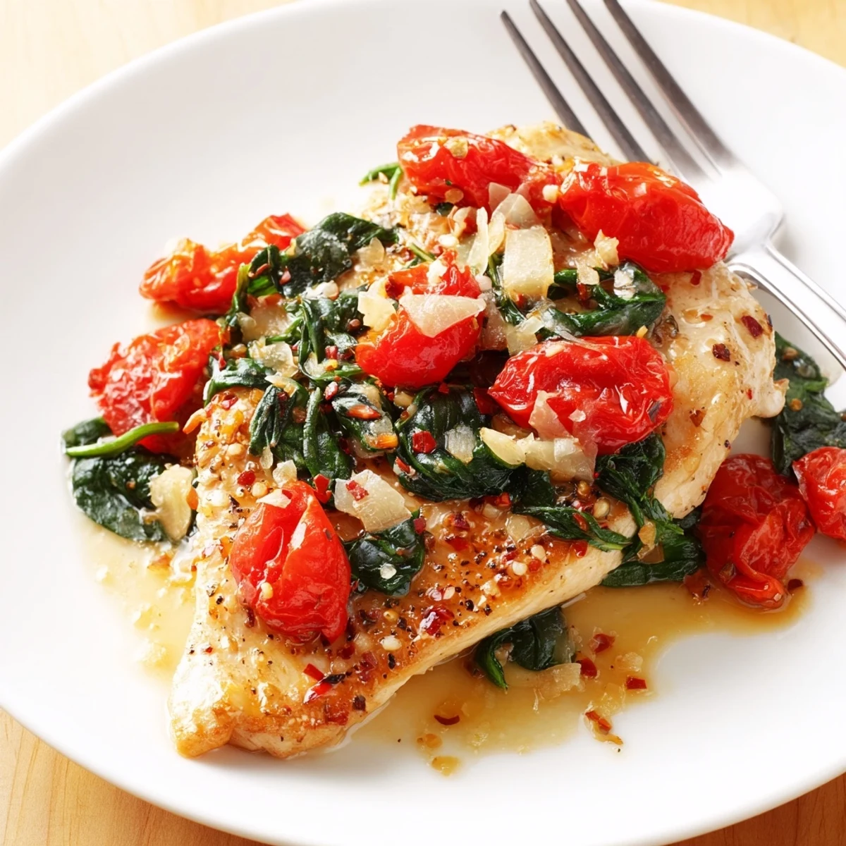Family-style Tomato Spinach White Wine Chicken served with crusty bread for dipping