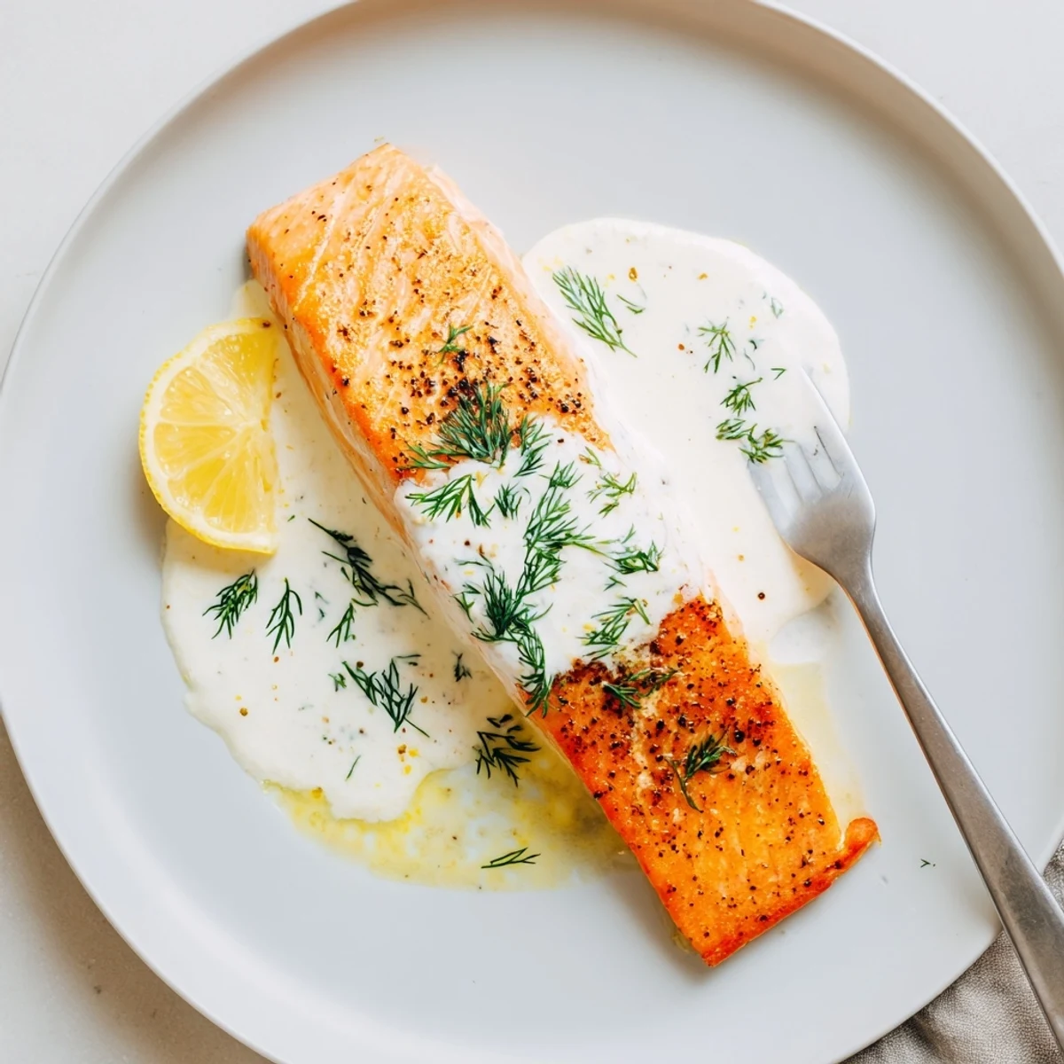 Pan-seared Salmon With Lemon Cream Sauce, silky sauce spooned over fillet
