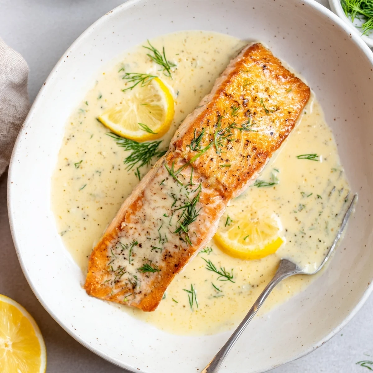 Salmon With Lemon Cream Sauce plated with roasted potatoes and lemon wedges