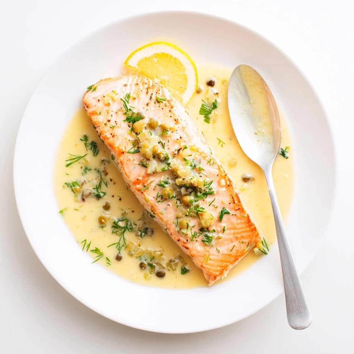 Golden-crusted Salmon With Lemon Cream Sauce, fragrant garlic and fresh dill garnish