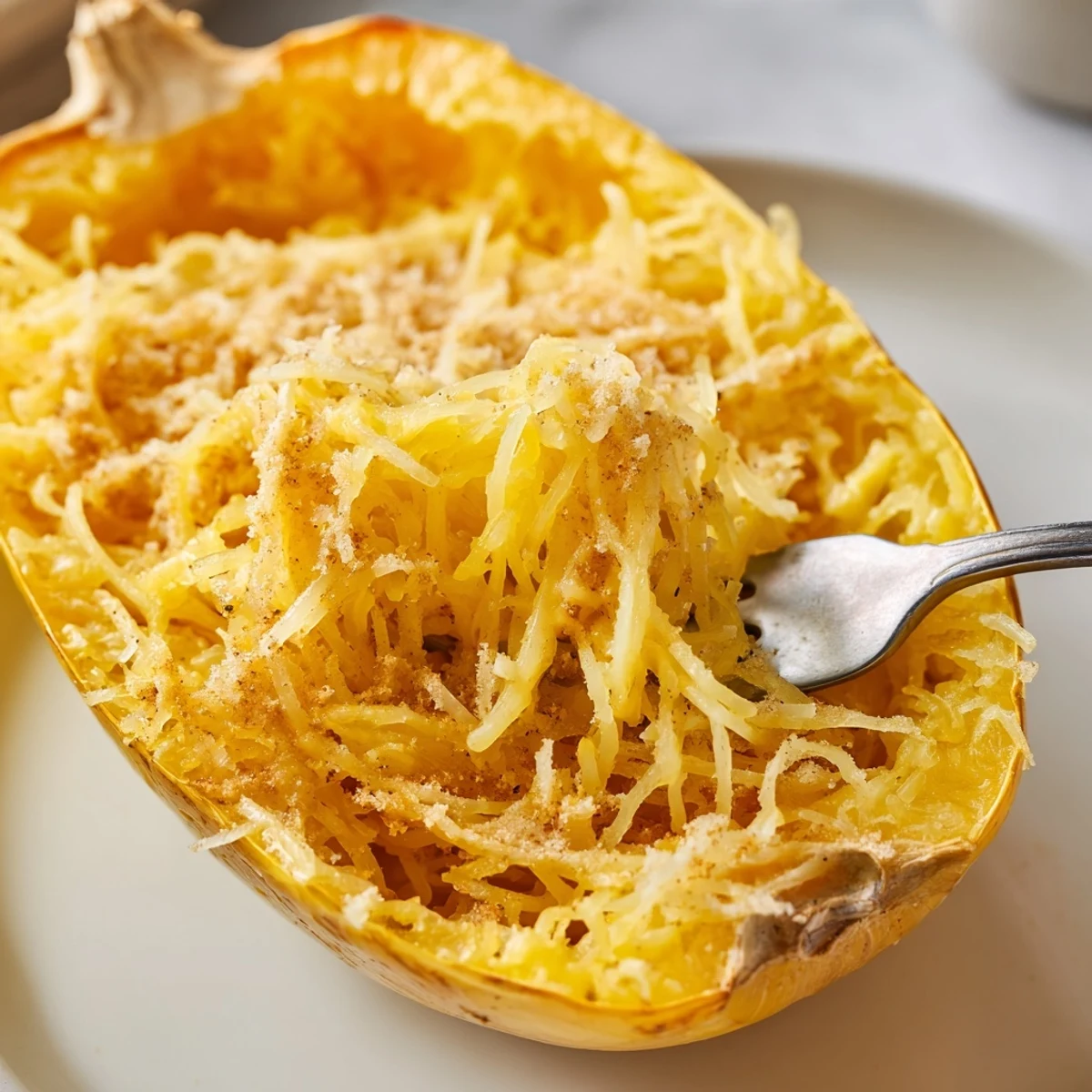 Spaghetti Squash Mac Cheese in a baking dish, creamy strands with golden breadcrumb topping