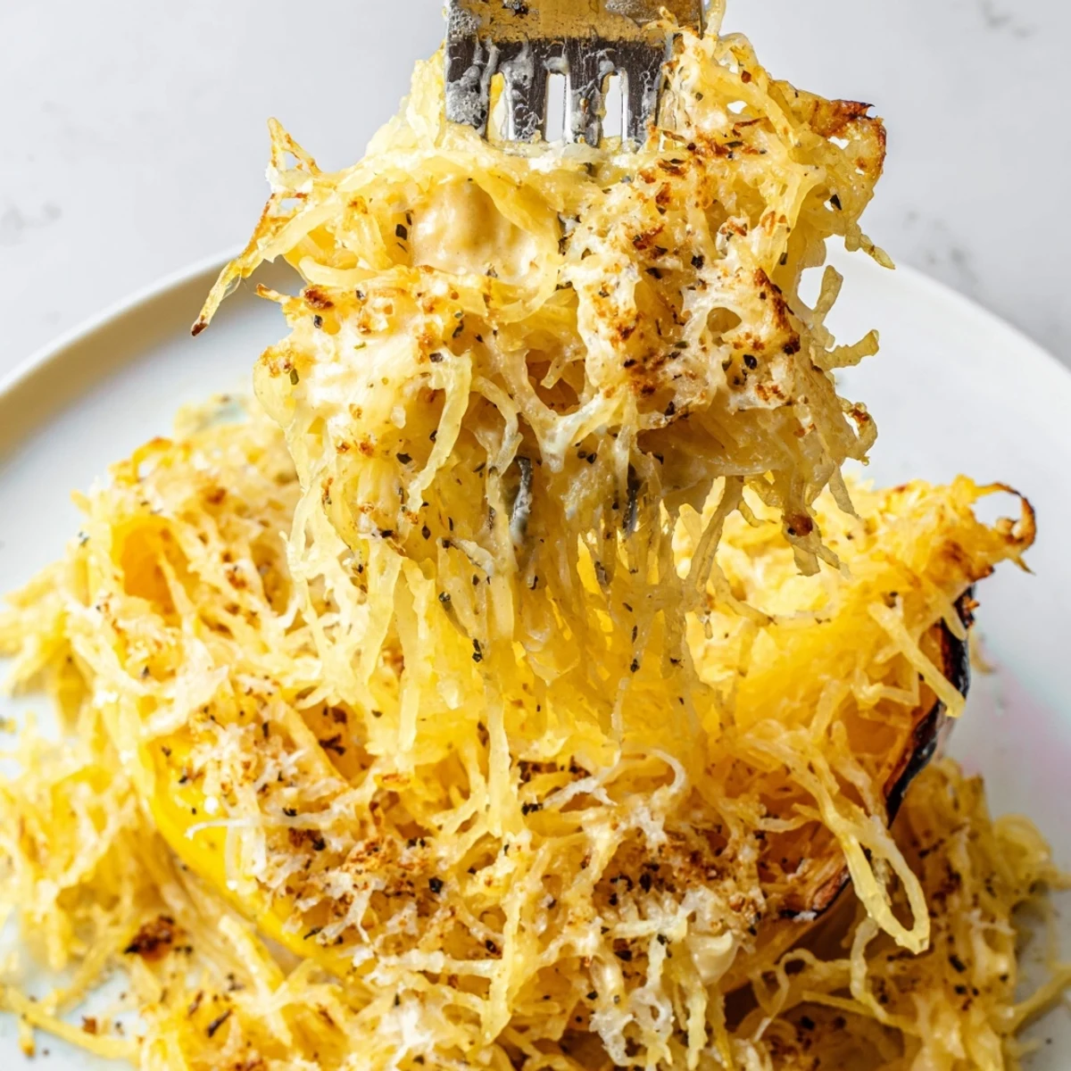 Warm Spaghetti Squash Mac Cheese tossed with sharp cheddar, steam rising invitingly