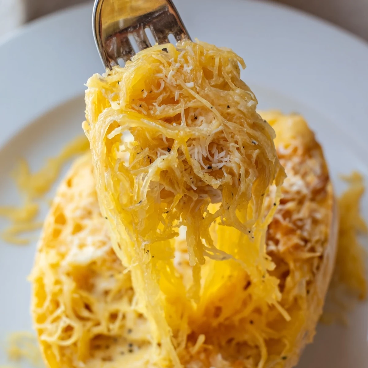 Herb-garnished Spaghetti Squash Mac Cheese served in bowl, fork-ready, cheesy and light