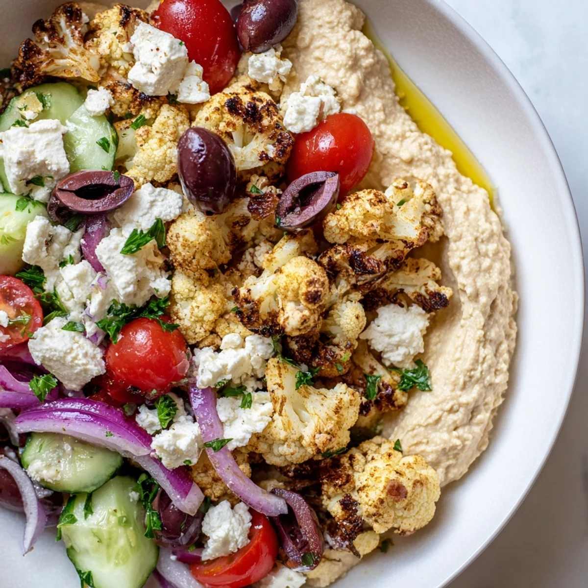 Golden roasted Greek cauliflower bowl topped with crumbled feta and fresh vegetables