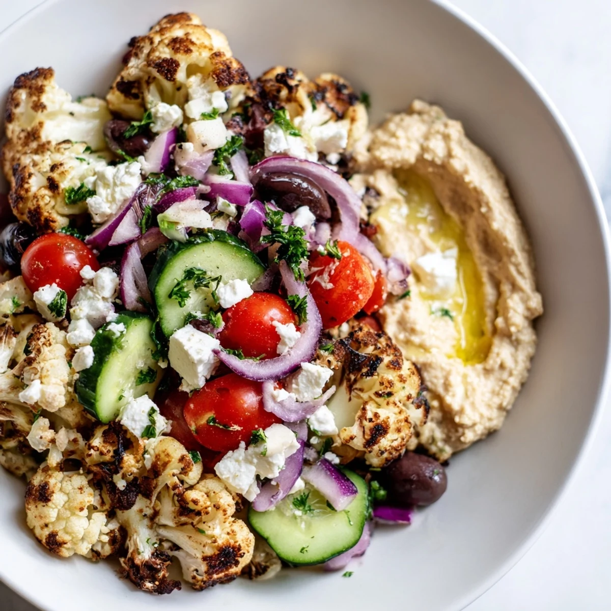 Colorful Greek cauliflower bowl with juicy tomatoes, olives, and a bright lemon drizzle