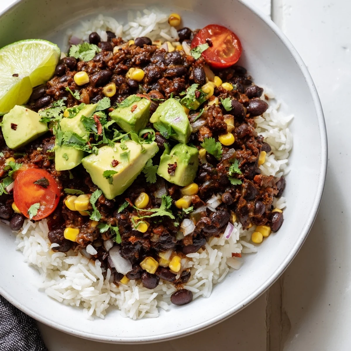 Hearty black bean and rice bowl topped with vibrant avocado and fresh cilantro