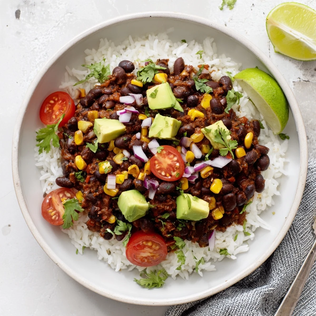 Colorful black bean and rice bowl served in a rustic ceramic dish