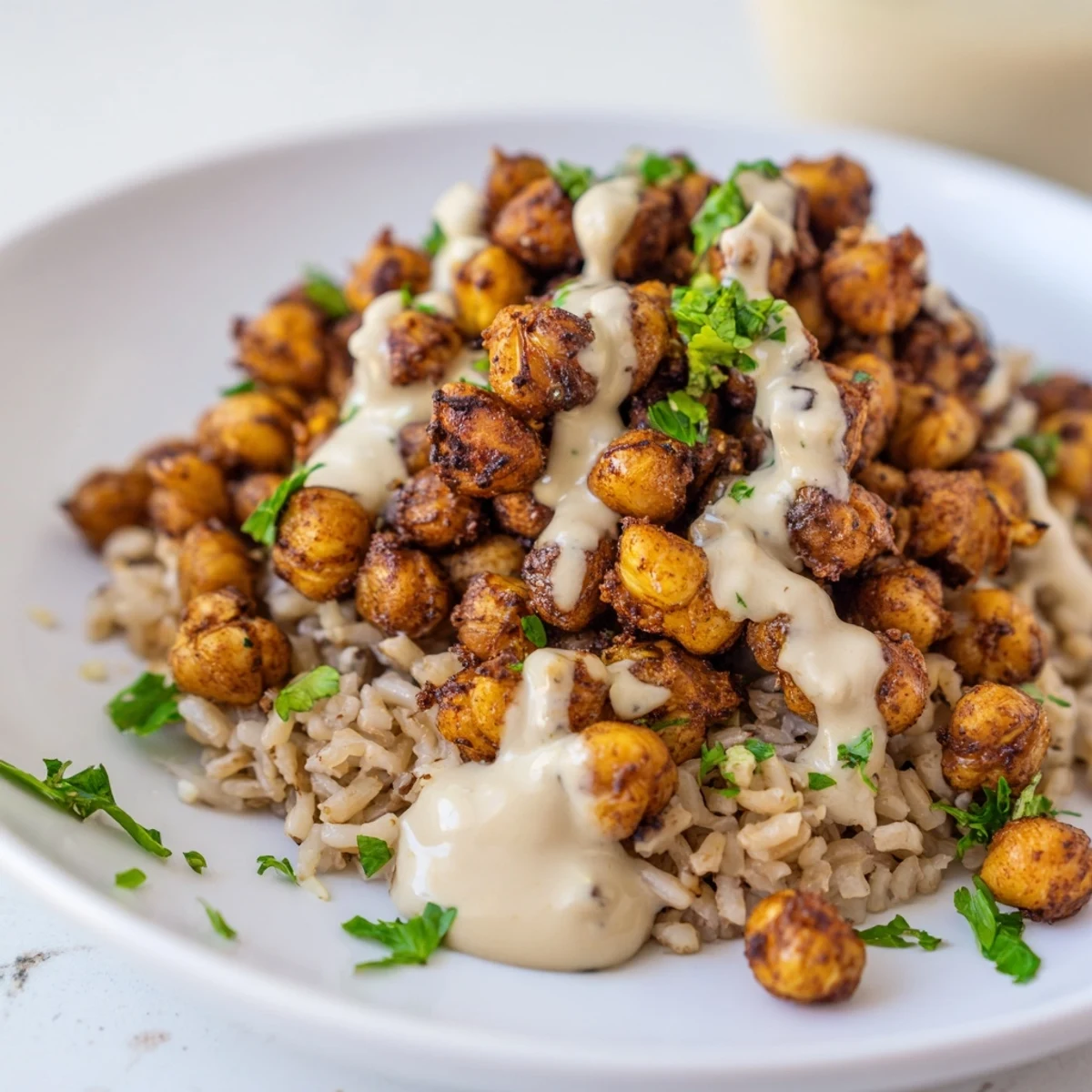 Crispy spiced chickpea shawarma bowl drizzled with creamy tahini over fresh vegetables and grains