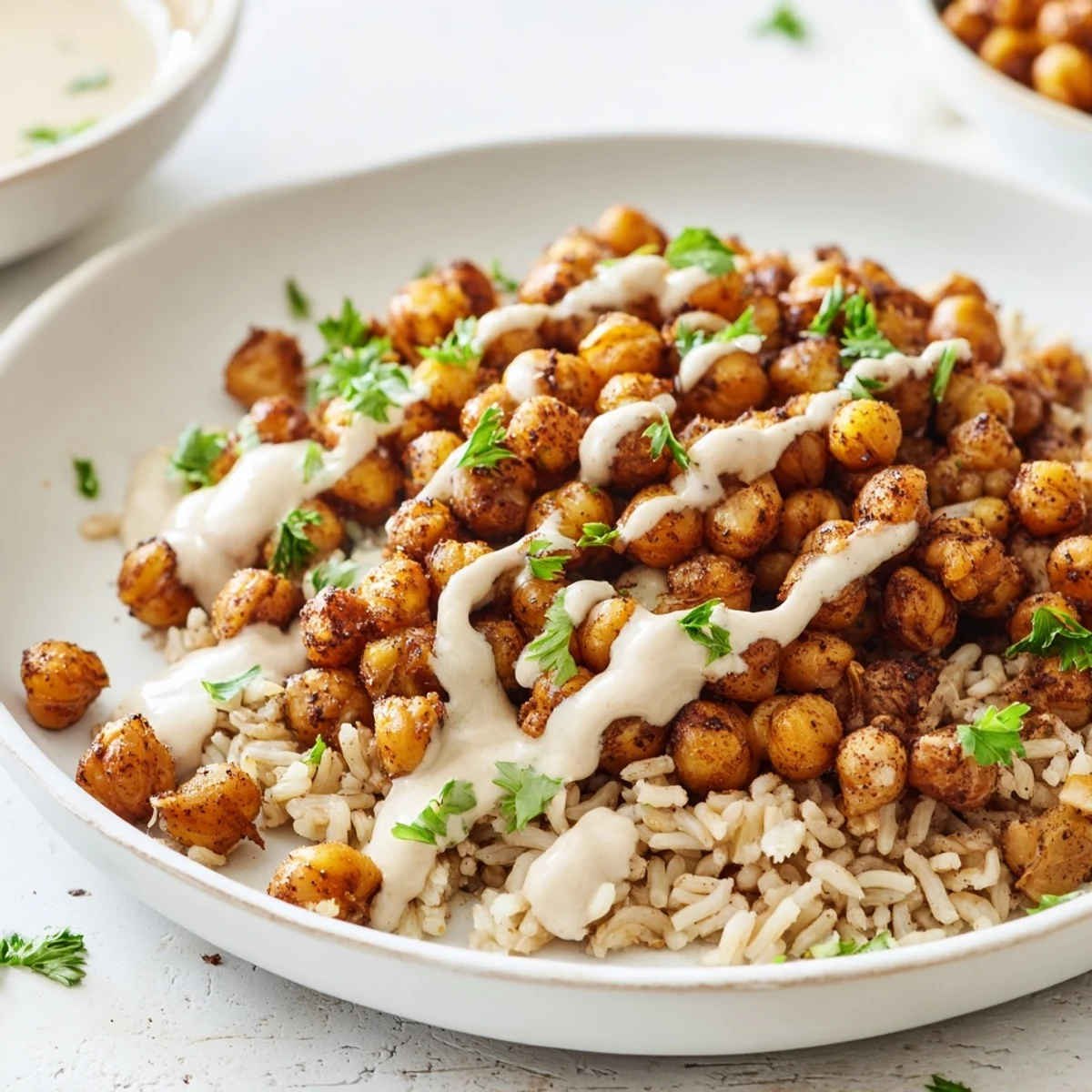 Golden roasted chickpea shawarma bowl topped with cucumbers, tomatoes, and tangy tahini sauce