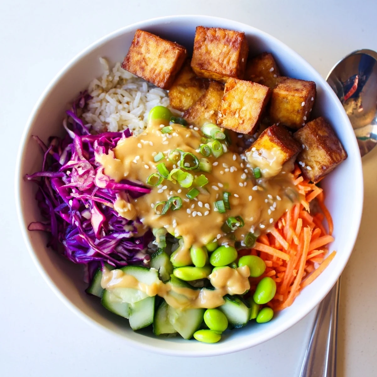 Crispy golden tofu rice bowl with peanut sauce drizzled over colorful fresh vegetables