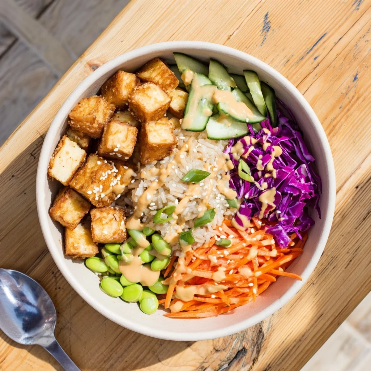 Creamy peanut sauce cascades over a vibrant tofu rice bowl topped with sesame seeds