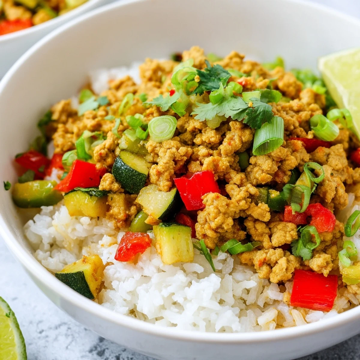 Warm spiced turkey rice bowls topped with fresh cilantro and lime wedges