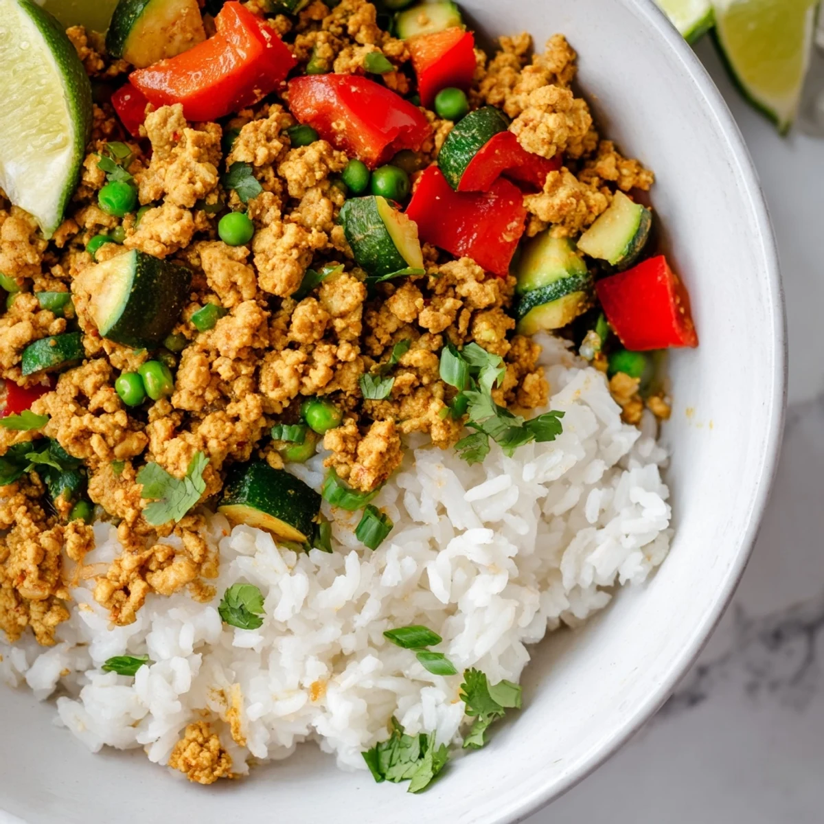 Golden spiced turkey rice bowls with colorful bell peppers and zucchini