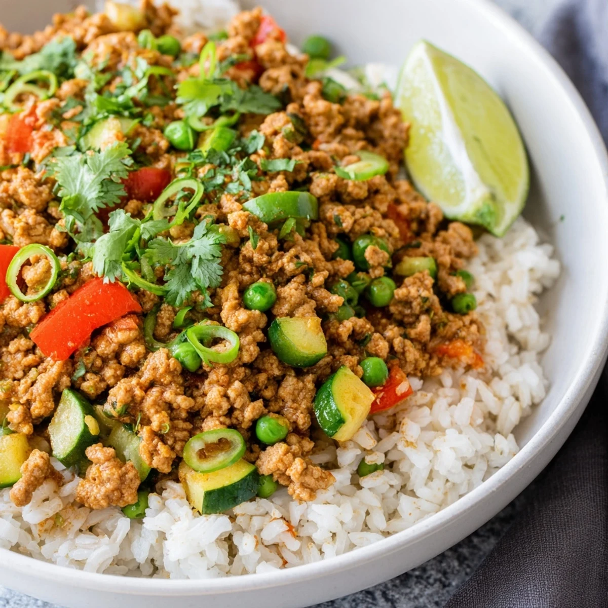 Hearty spiced turkey rice bowls garnished with spring onions in white porcelain