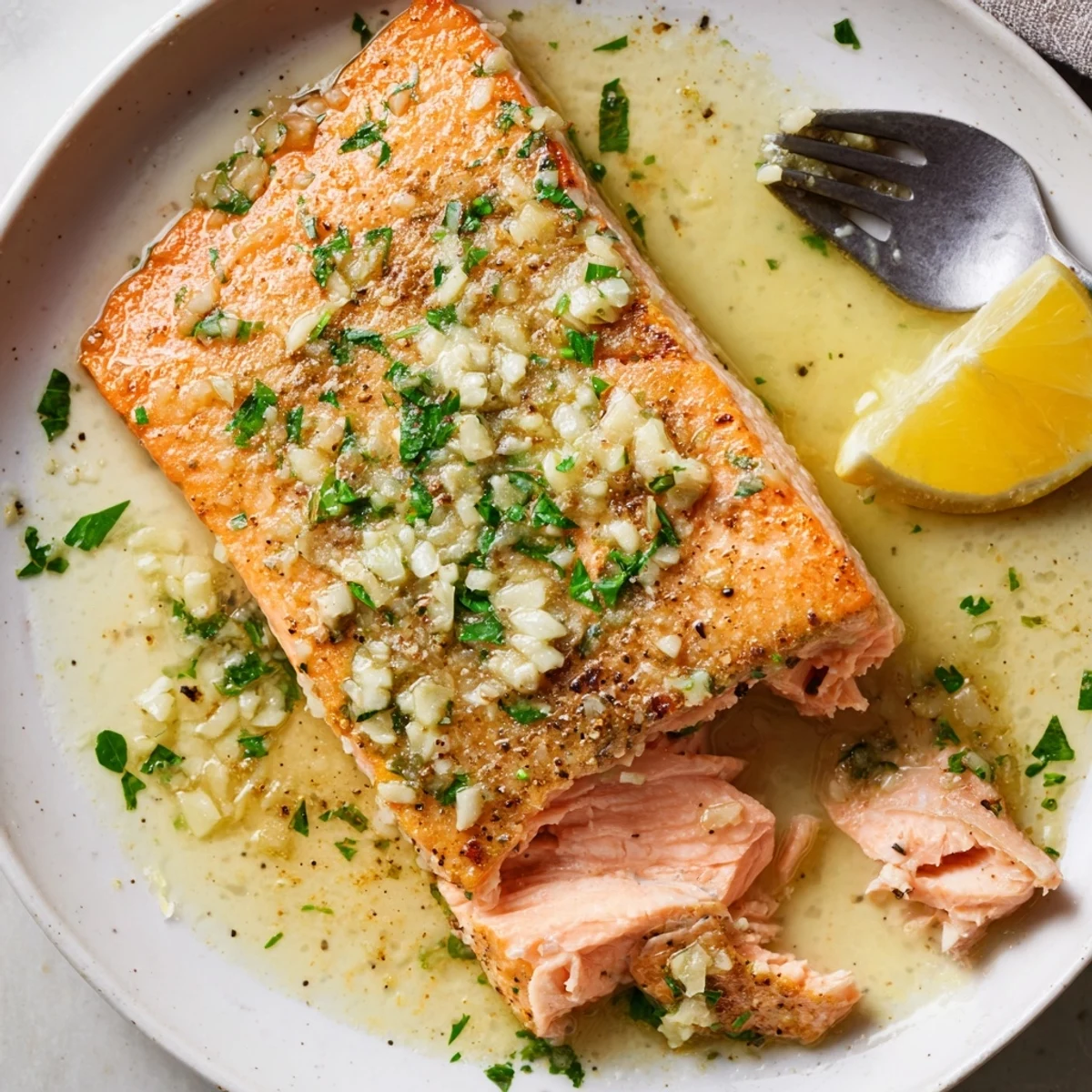 Golden pan-seared garlic butter salmon fillets glistening with lemon herb sauce