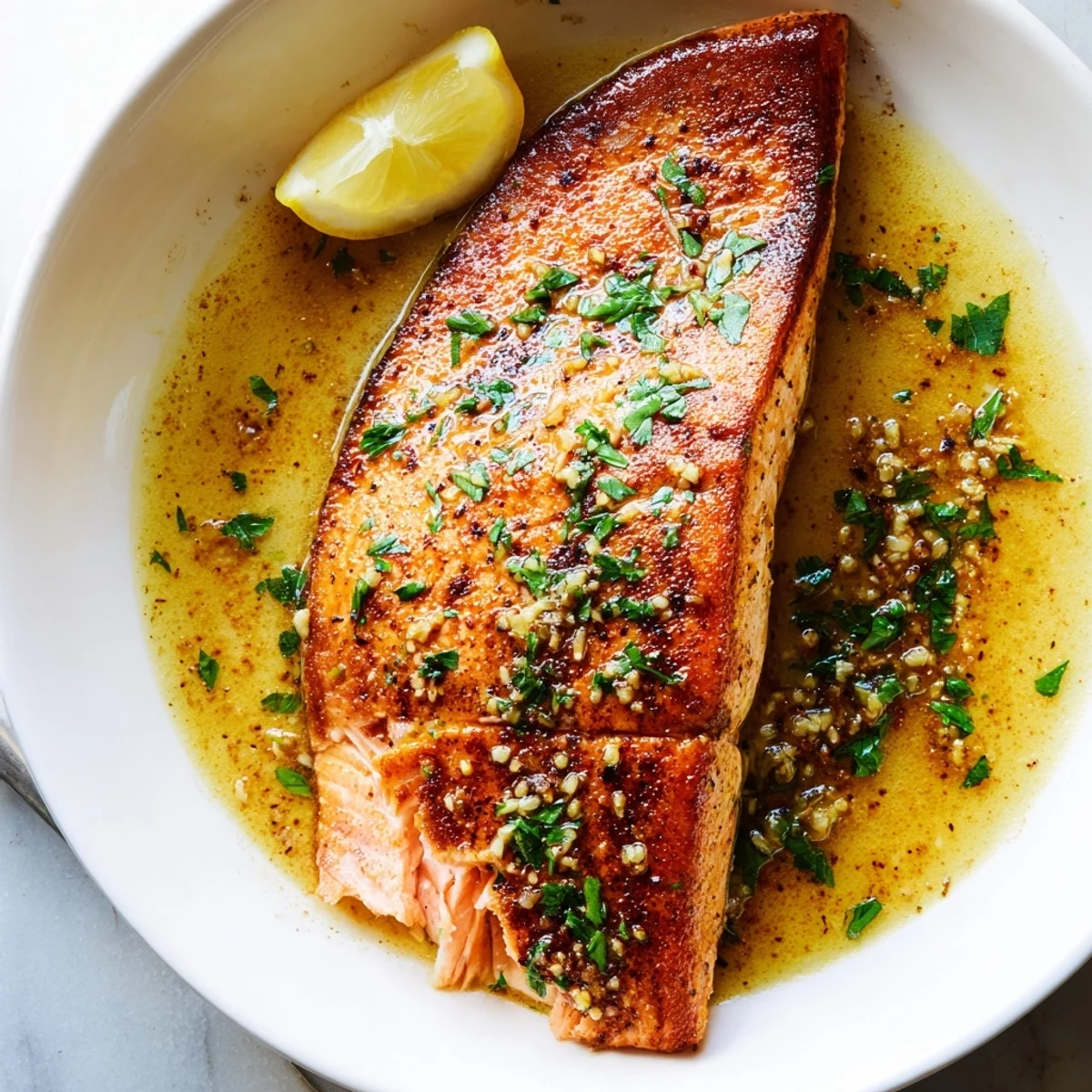 Crispy-skinned garlic butter salmon nestled in a pool of melted herb butter