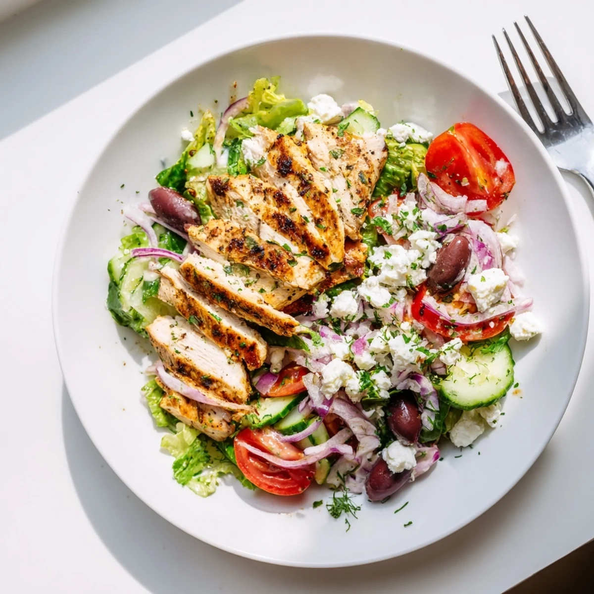 Greek chicken salad topped with grilled chicken and creamy whipped feta dressing