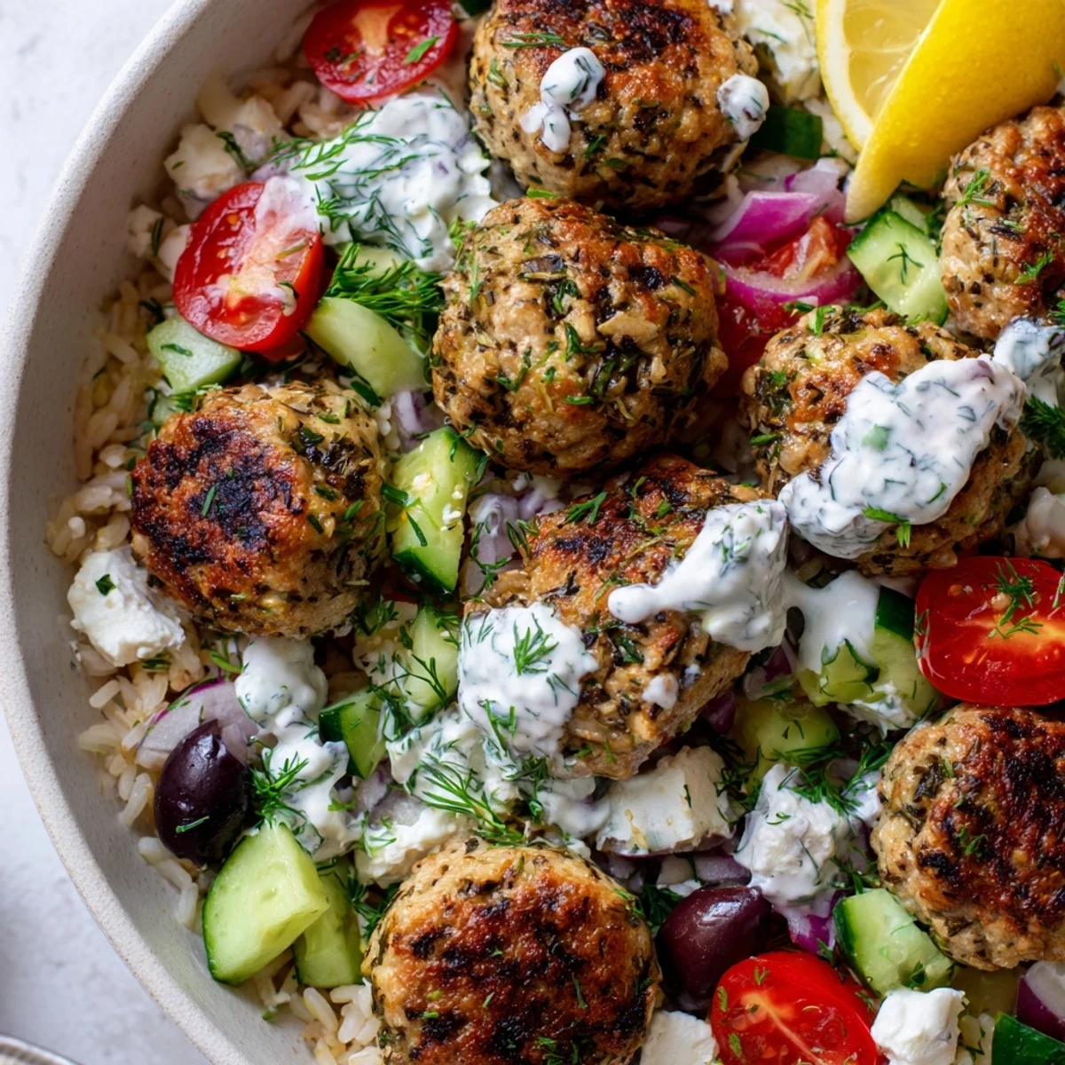 Golden za'atar turkey meatballs rest on herbed rice with creamy yogurt sauce.