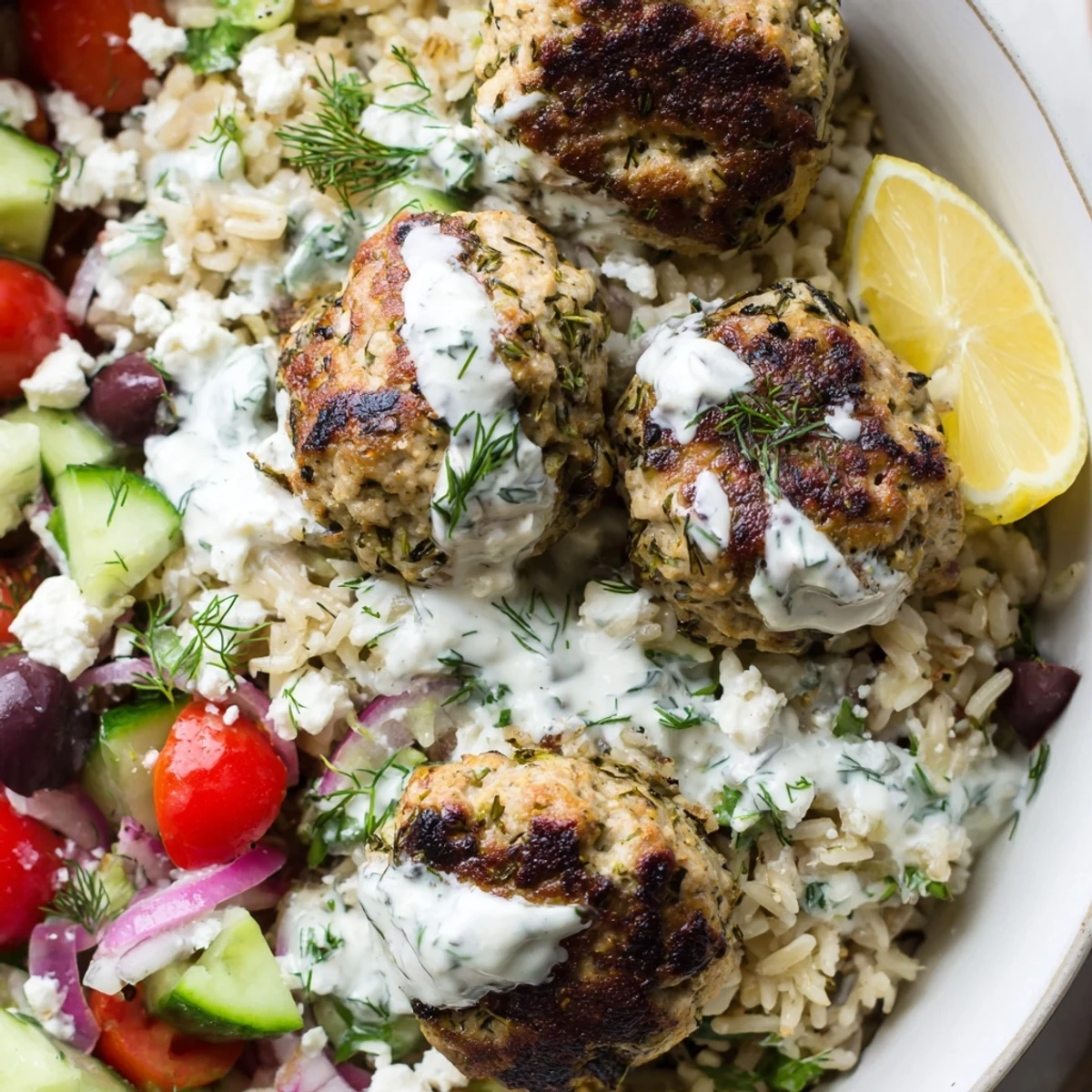 Mediterranean za'atar turkey meatball bowls topped with tomatoes, olives, and feta.