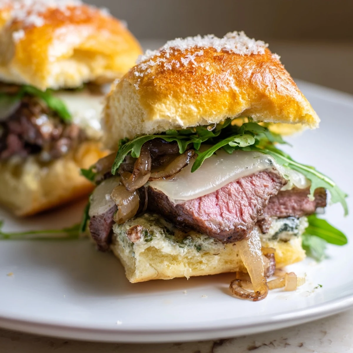 Juicy filet mignon sliders on golden garlic parmesan rolls topped with melted cheese