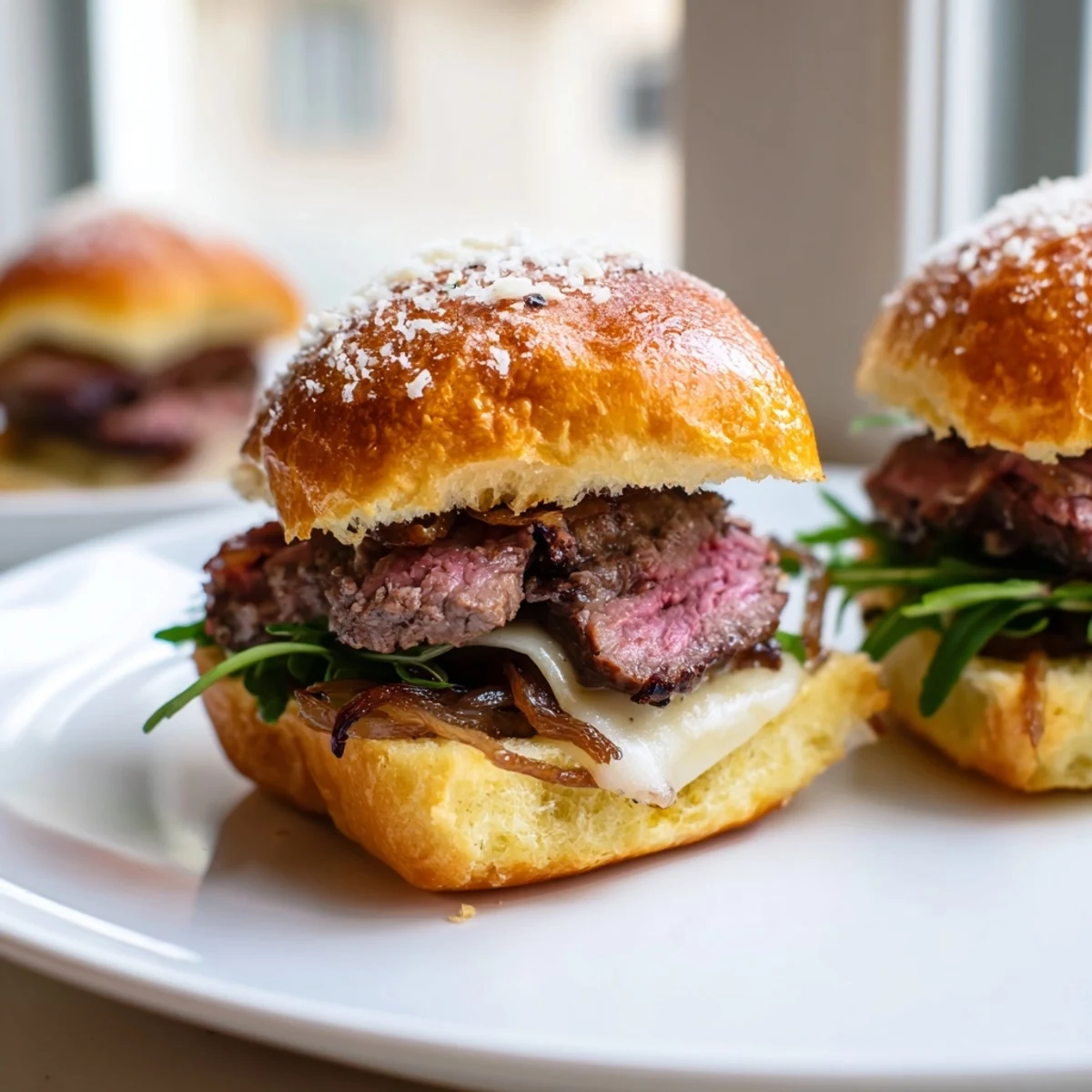 Golden-brown garlic parmesan rolls cradle seared filet mignon sliders with fresh green arugula