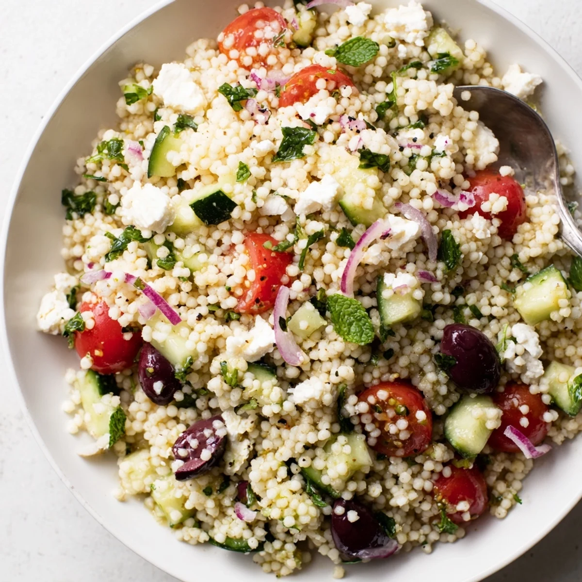 Colorful Mediterranean couscous salad topped with crumbled feta and fresh herbs in a bowl