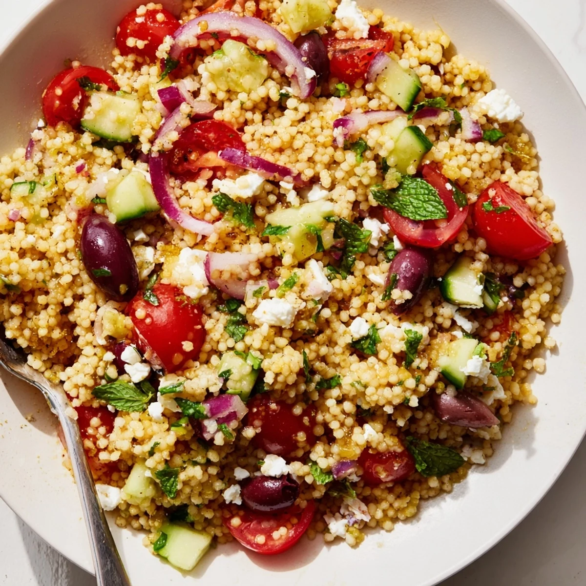 Fluffy couscous tossed with cherry tomatoes, olives, and a glossy hot honey lemon dressing