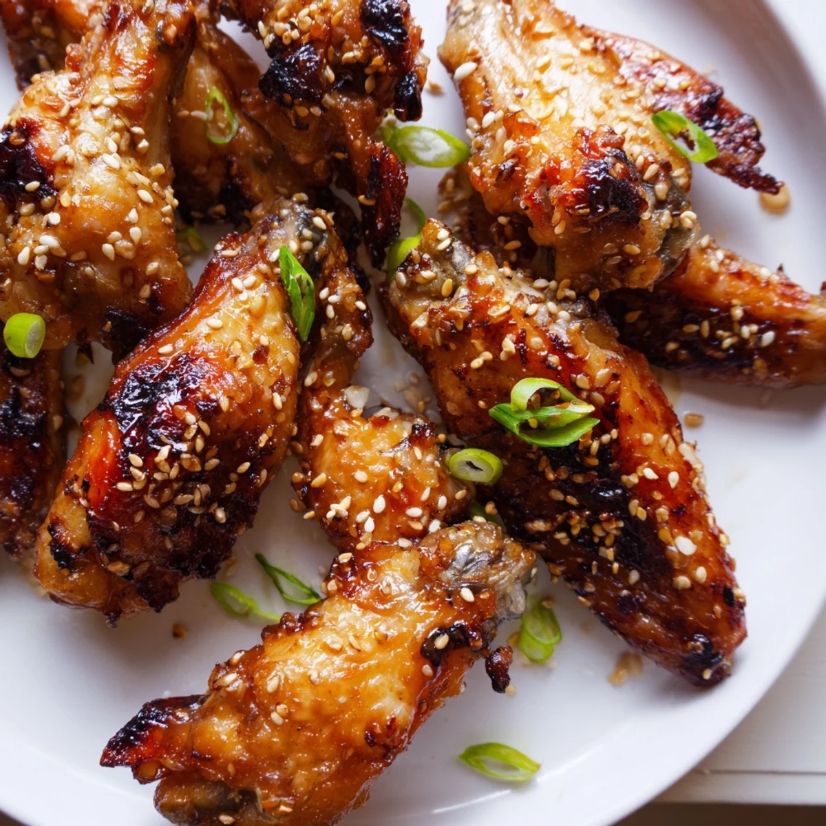 Savory sweet miso honey marinated chicken wings garnished with sesame seeds and scallions