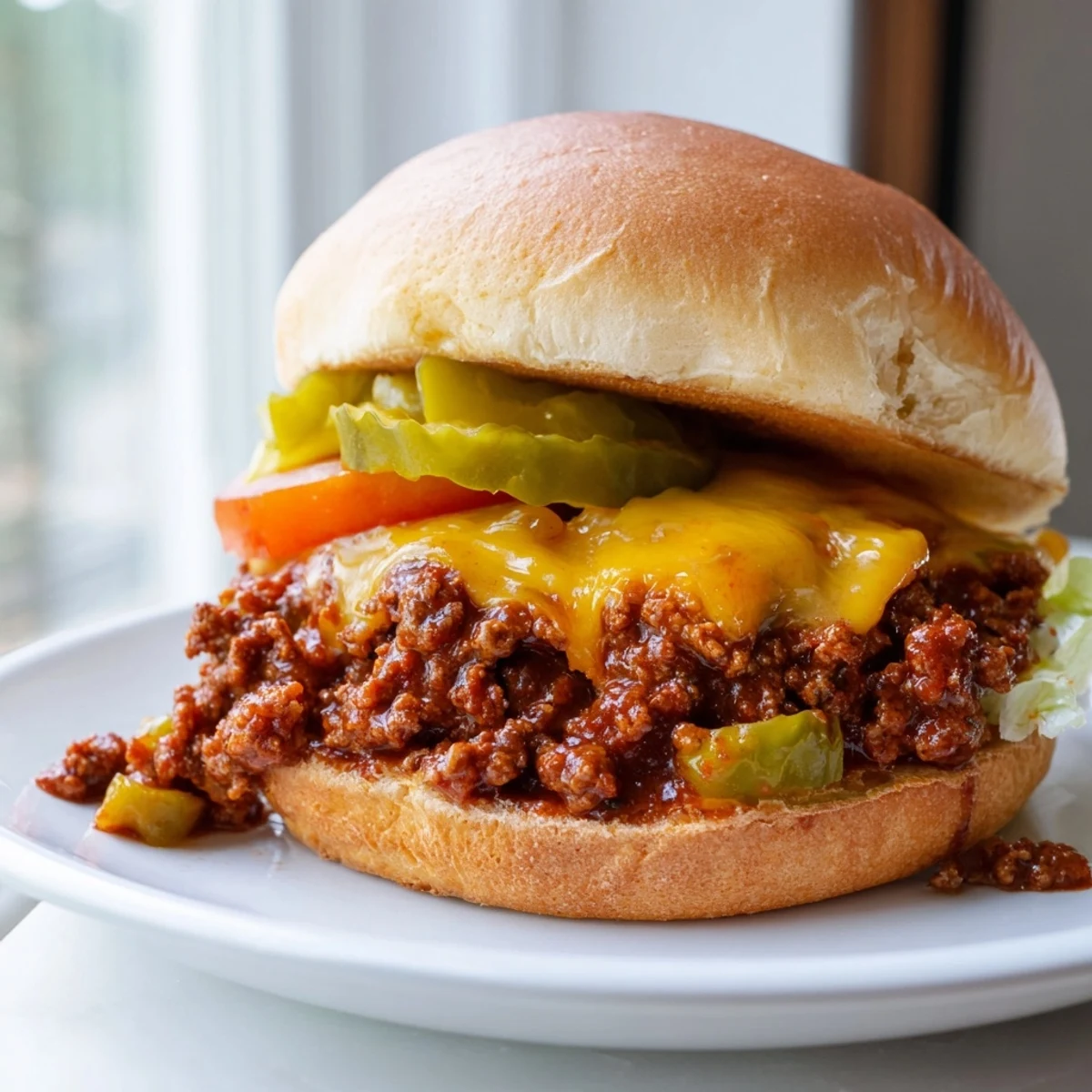 Smash Burger Sloppy Joes topped with pickles lettuce and melty American cheese