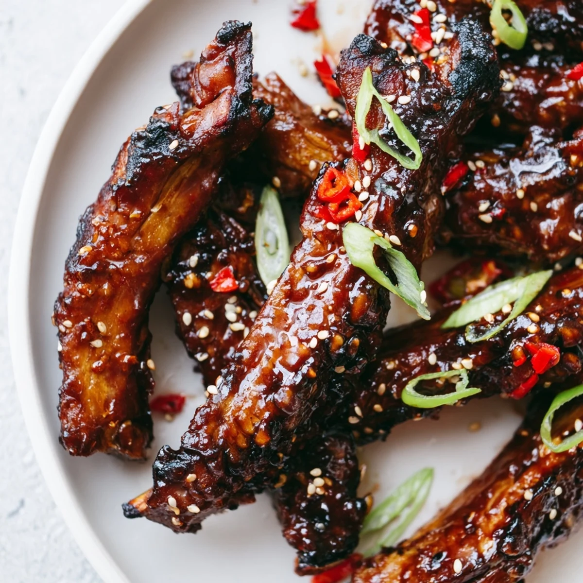Caramelized Korean BBQ lamb ribs glistening with glossy marinade on a rustic platter