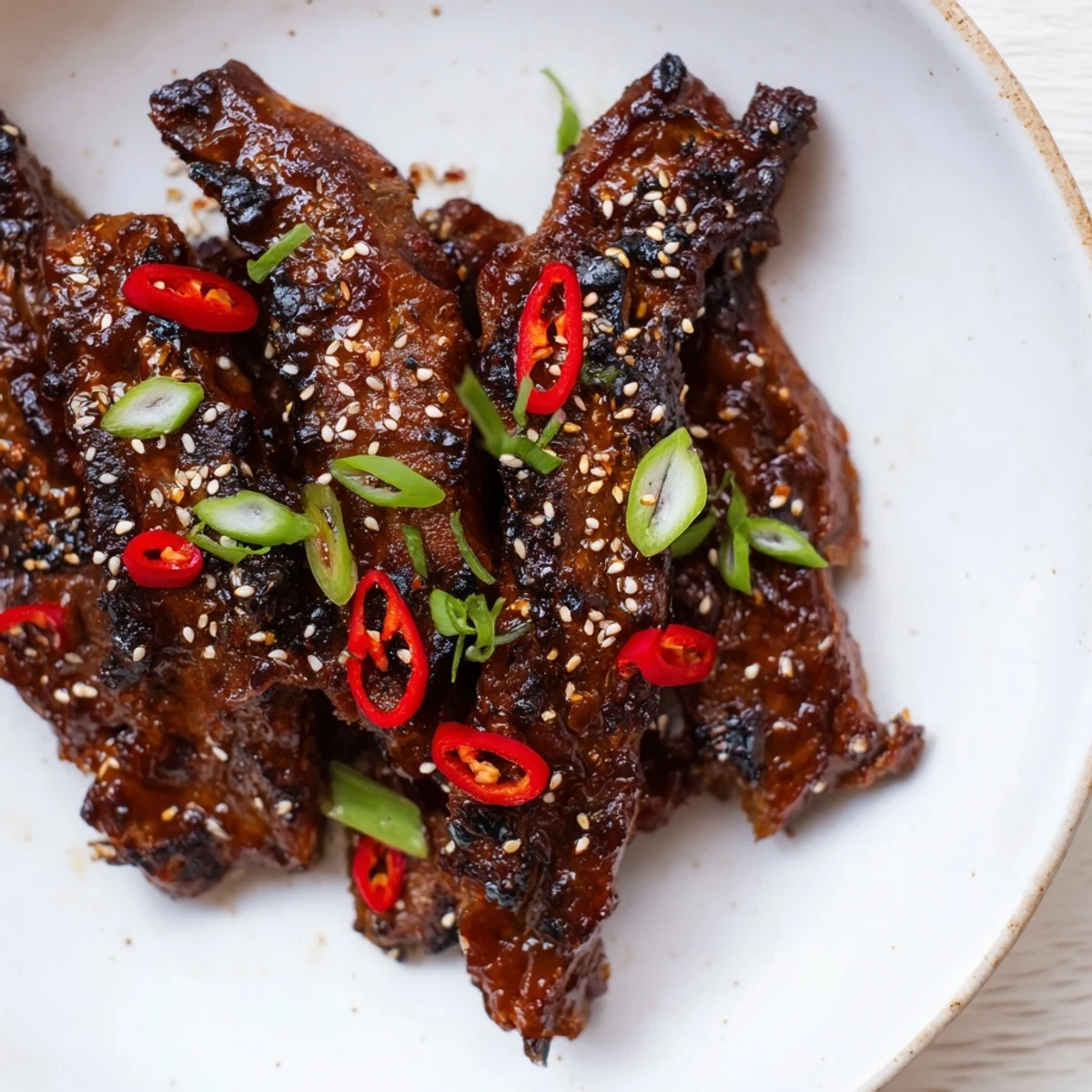 Tender charred Korean BBQ lamb ribs drizzled with bright yuzu citrus on a wooden board