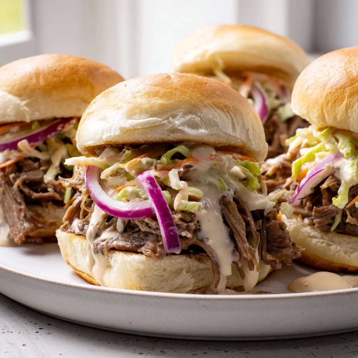 Creamy Alabama white sauce pulled lamb sliders with crunchy slaw on toasted buns