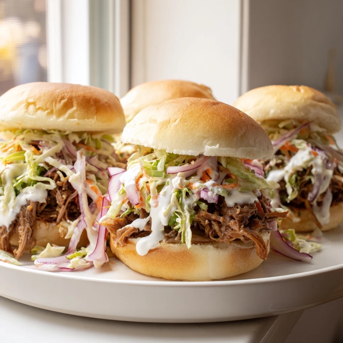 Juicy shredded lamb coated in tangy Alabama white sauce piled high on soft slider buns
