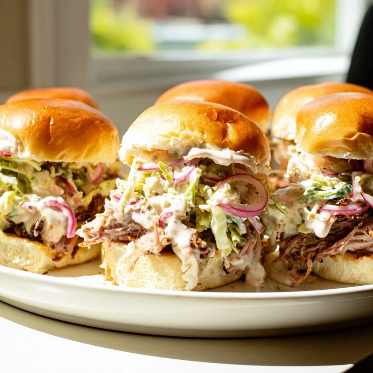 Golden slider buns loaded with tender Alabama white sauce pulled lamb and crisp cabbage slaw