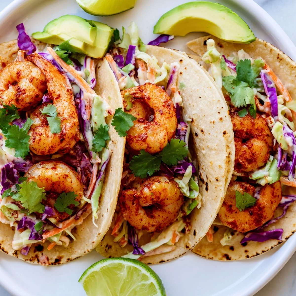 Juicy seasoned shrimp nestled in soft tortillas topped with crunchy zesty slaw