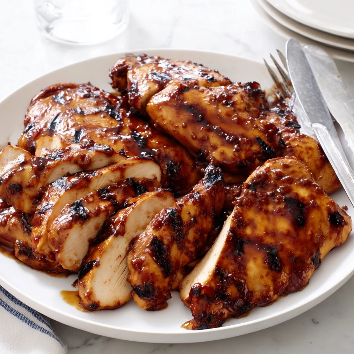 Caramelized Grilled Coca Cola Glazed Chicken Breast with glossy grill marks on a smoky barbecue plate