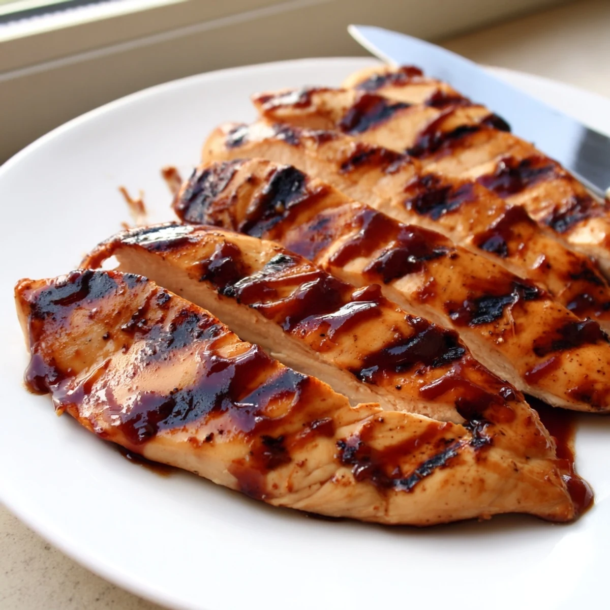 Juicy Grilled Coca Cola Glazed Chicken Breast sliced open revealing tender meat drizzled with sticky sweet sauce