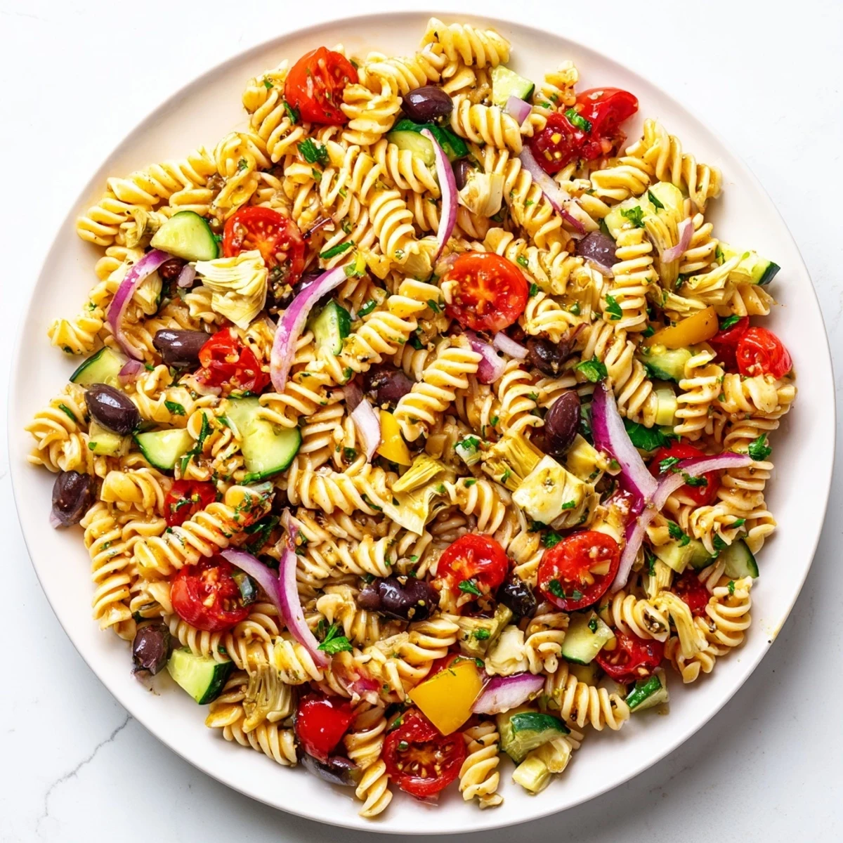 Colorful vegetarian Italian pasta salad tossed with crisp vegetables and tangy vinaigrette