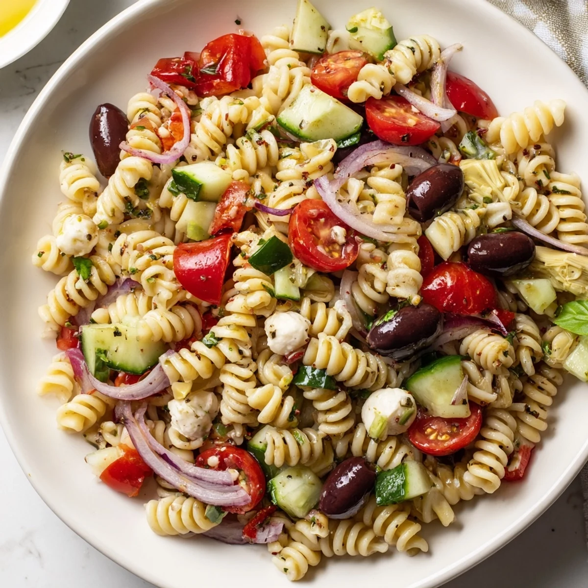 Vegetarian Italian pasta salad in a rustic bowl studded with mozzarella and fresh herbs