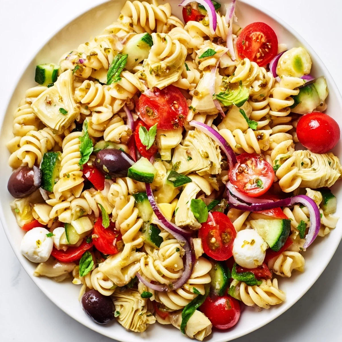 Vibrant Italian pasta salad vegetarian recipe loaded with juicy tomatoes and zesty dressing