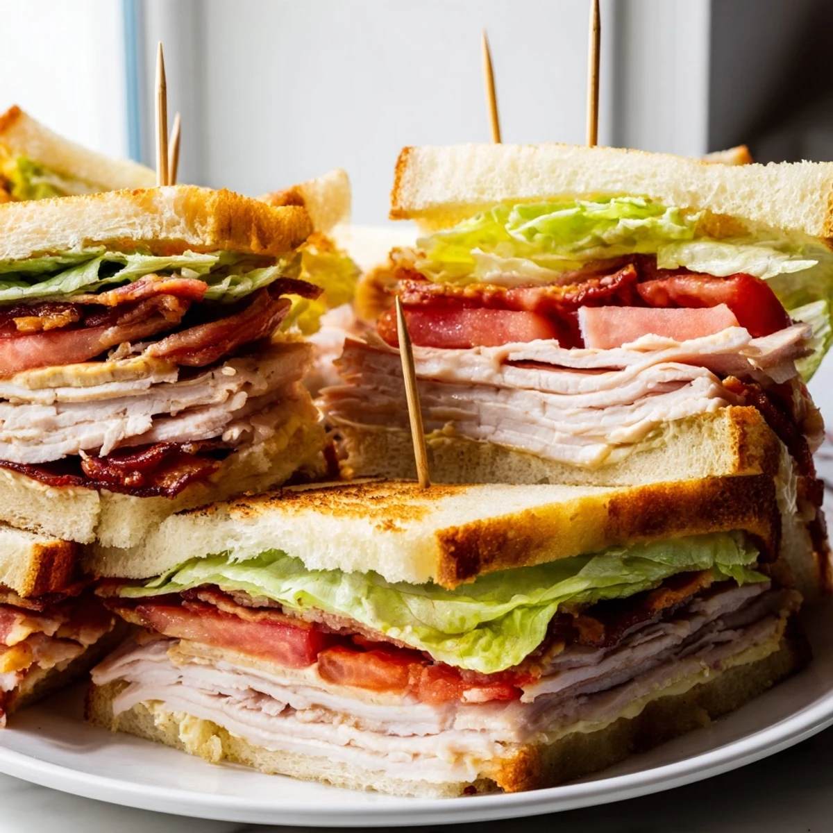 A classic club sandwich stacked high with turkey, bacon, lettuce, and tomato on toasted bread.