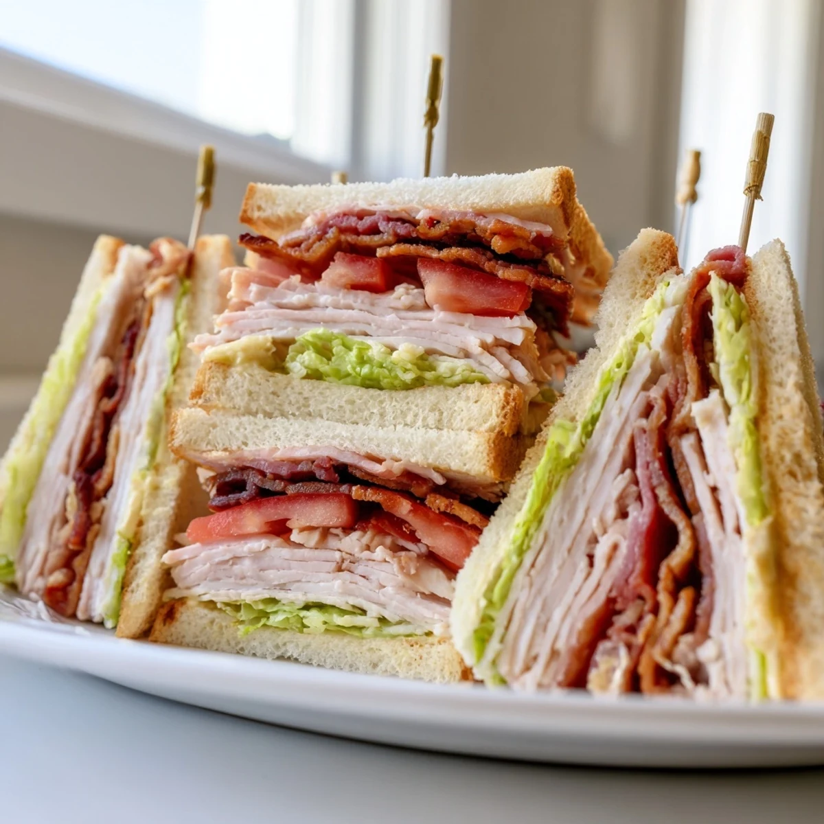 Triple-decker club sandwich featuring layers of tender ham, crispy bacon, and fresh vegetables with creamy mayo.